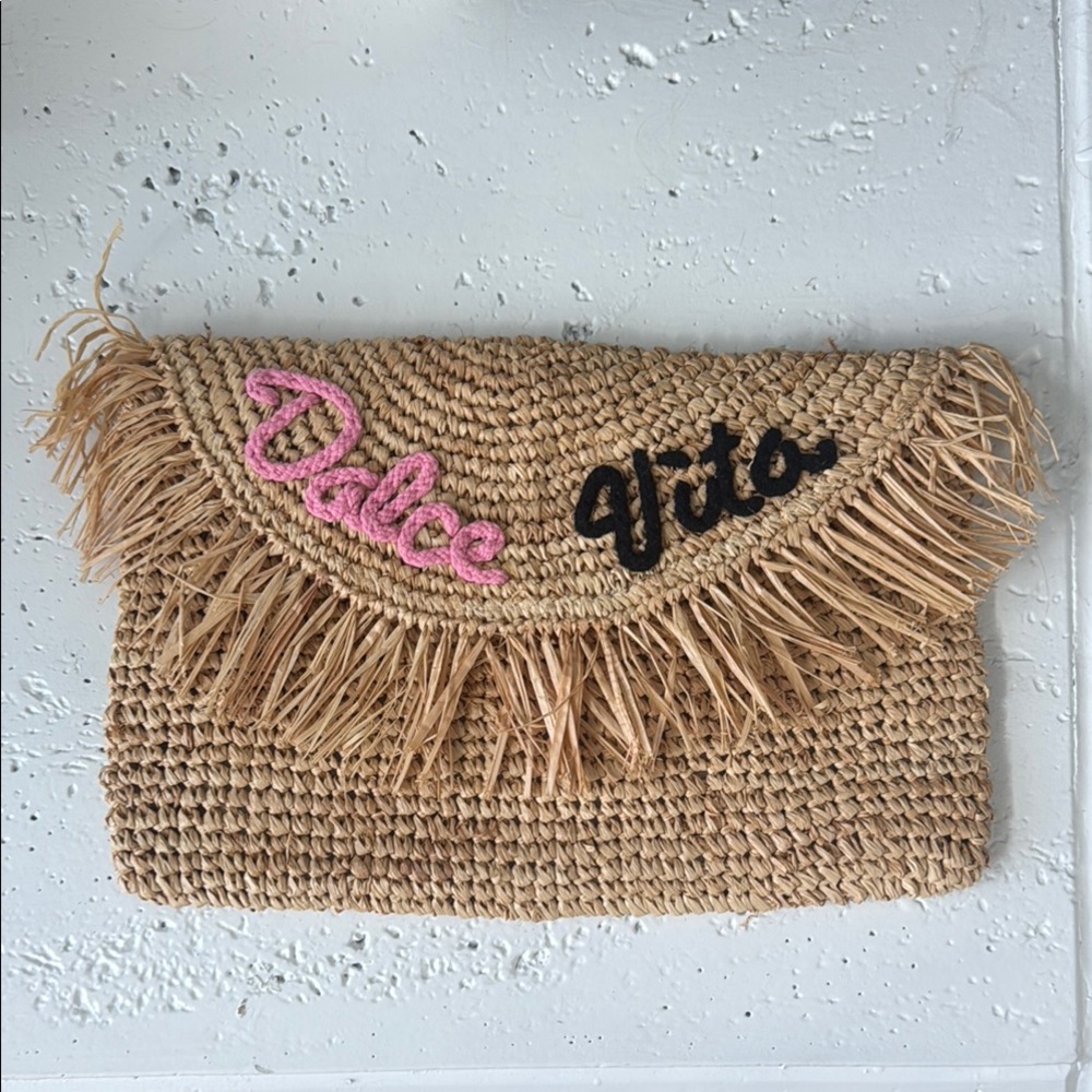 BTB Los Angeles Beige Dolce Vita Straw Oversized Fringe Clutch